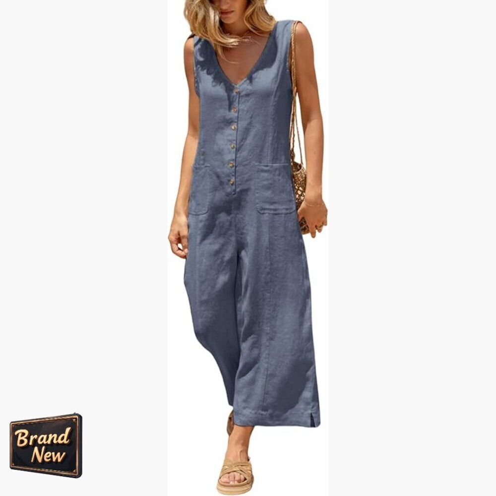 Sleeveless Cotton Linen Jumpsuit with Pockets, Wide Leg, V-Neck